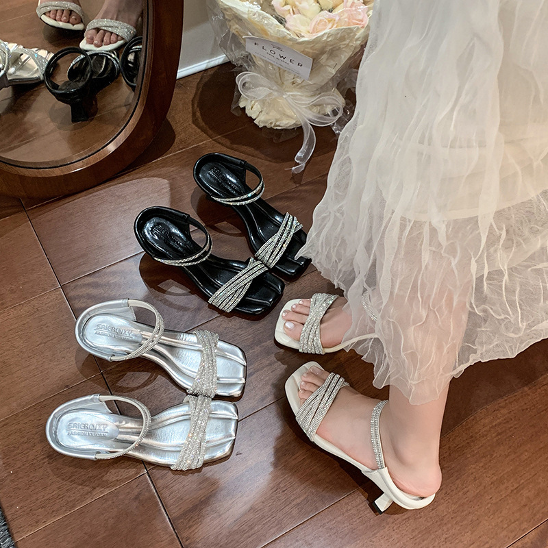 Ddmyoutdoor Fairy Style French Rhinestone One Strap Square Toe For Women Summer Outdoor Thin Heel High Heels Elegant Open Sandals Outdoor Shoes