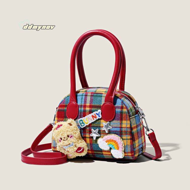 Exquisite Plaid Ins for Women Cute Little Brown Bear Fashion Handbag High Appearance Commuter Coin Purse Crossbody Bag ddmynov