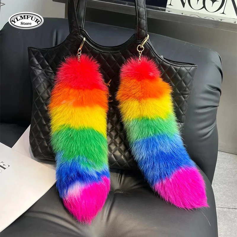 40cm Real Fox Fur Tail Large Long Natural Fur tail Keychain Pendant Cosplay tail Cute Wolf Fox Tail Fur Car Keychains For Women 250610