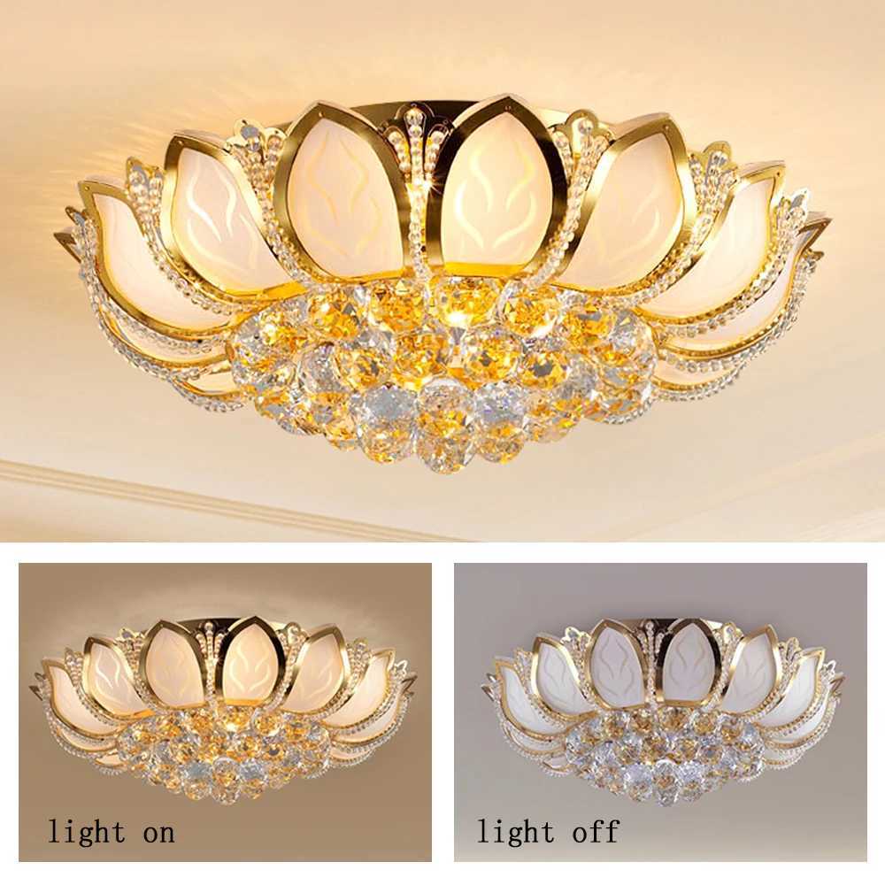 Modern Crystal Chandelier Dimmable Luxury Flush Mount LED Ceiling Lamp - Lotus Flower Shape Pendant Lighting Fixture 110V Gold XJ2500613