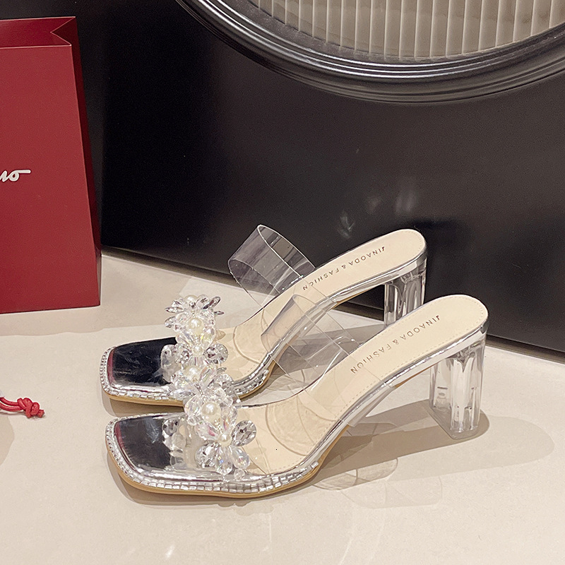 Ddmyoutdoor Trendy Crystal Block Heel Sandals For Women Summer New Fashion Square Open Toe Stunning High Heels Outdoor Shoes