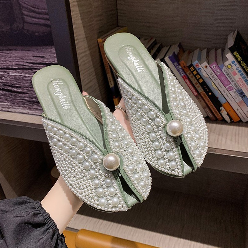 Ddmyoutdoor Baotou Half Slippers For Women Summer Outdoor New Korean Pearl Fairy Style Flat Soft Sole Lazy Sandals Outdoor Shoes