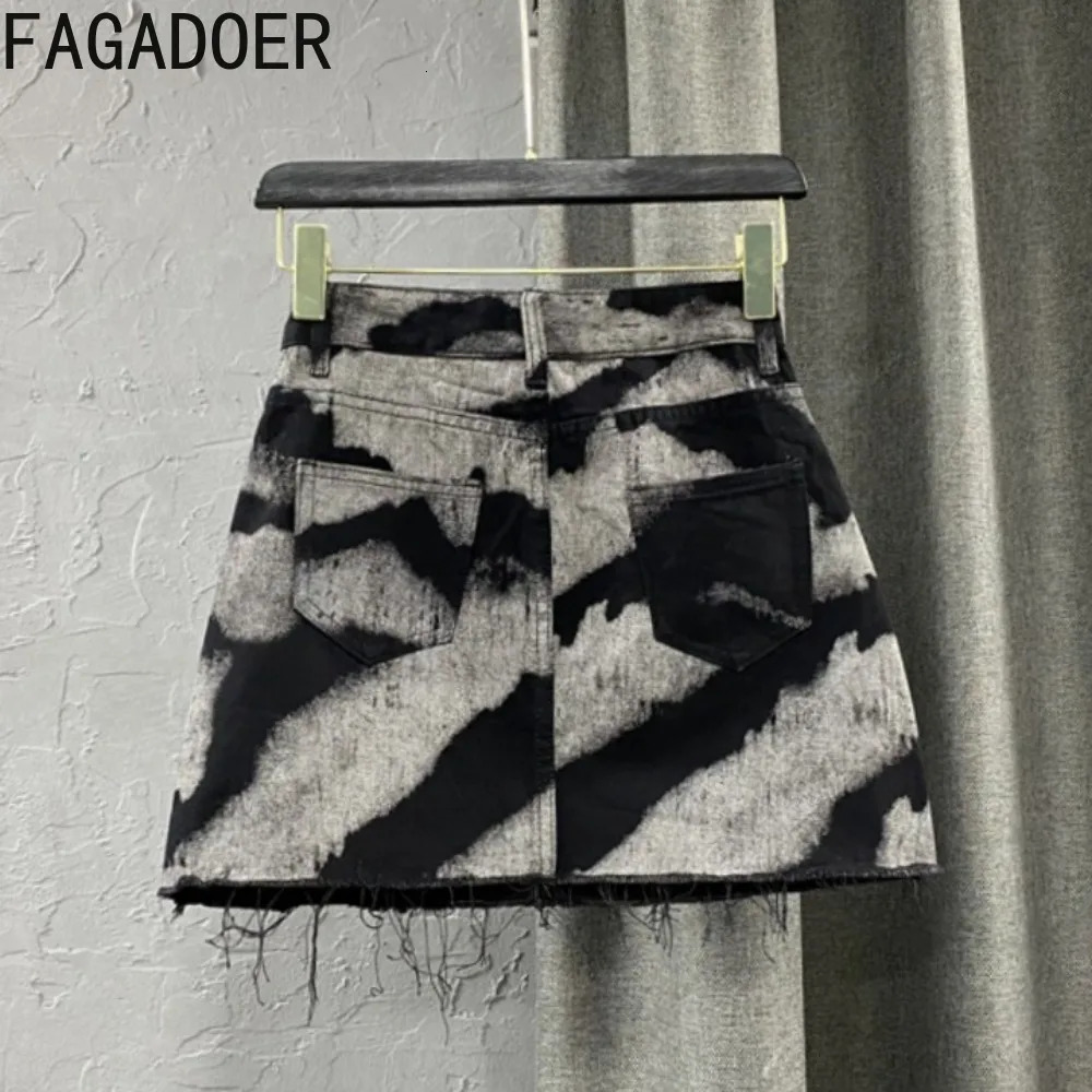 FAGADOER Gray Tie Dye Printing Fashion Denim Mini Skirts Women High Waist Button Pocket Aline Jean Sexy Y2K Streetwear 250612