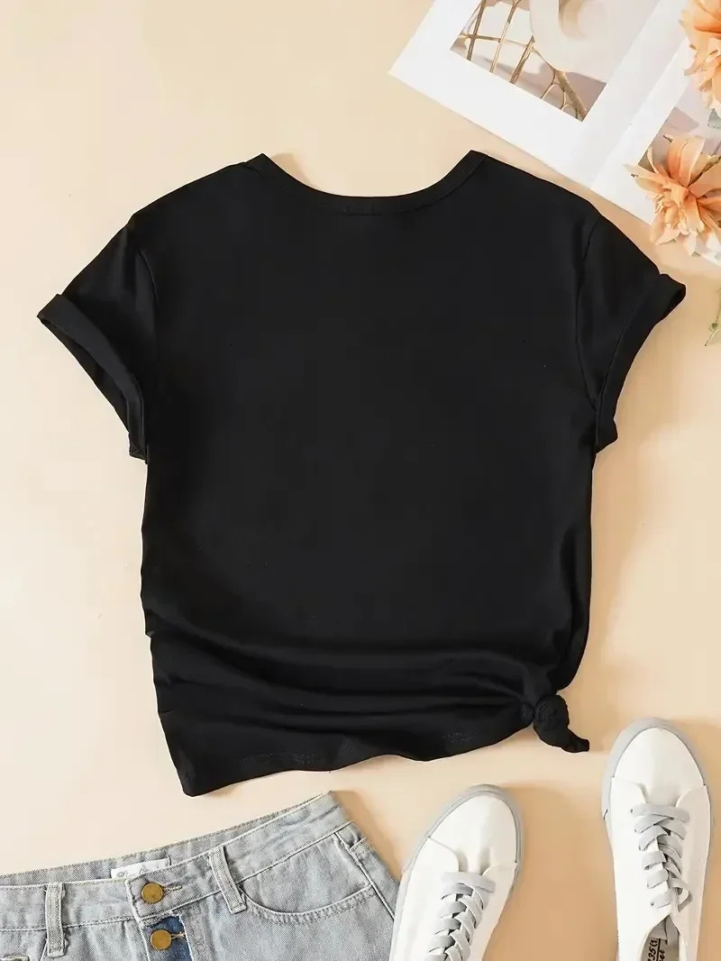 Plus - Size Womens Black Short - Sleeve T - shirt Glittery Aje Print Soft Comfortable Cotton Fabric 250614