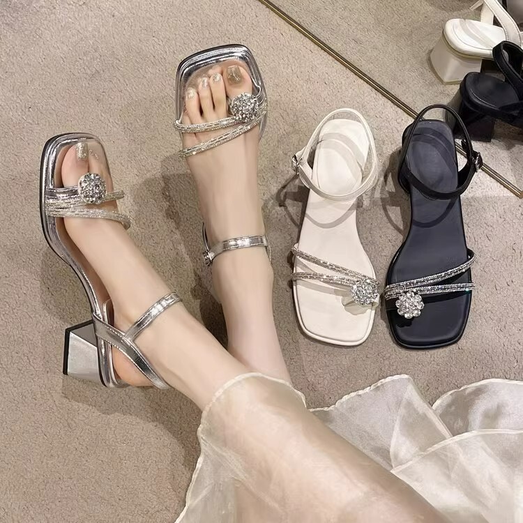 Ddmysports One Strap Crystal Chunky Heel Women S Sandals New Fashion Bowknot Fairy Style Stunning Open Toe Simple Outdoor Shoes