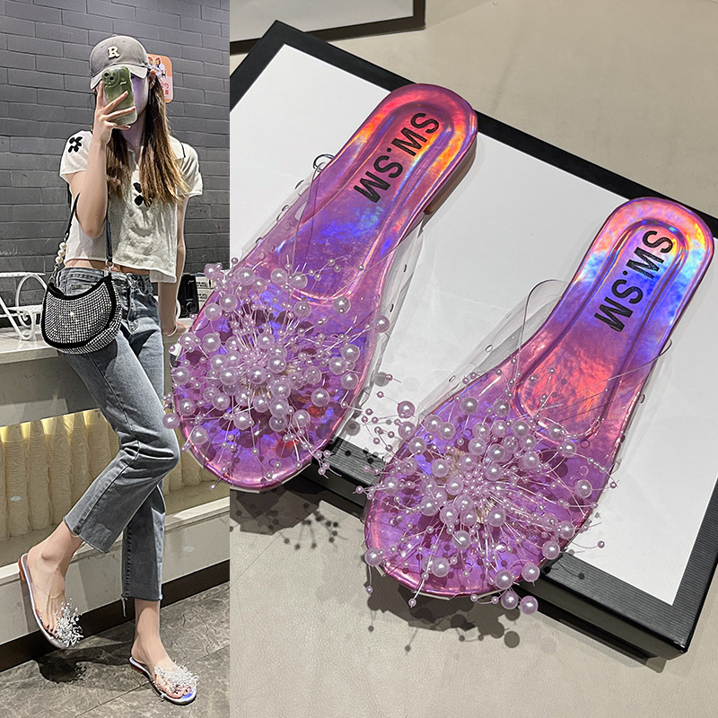 Ddmyoutdoor Shiny Silver Transparent Beaded Toe Cap Half For Women Outdoor Summer Internet Celebrity Super Popular Sandals Slippers Outdoor Shoes