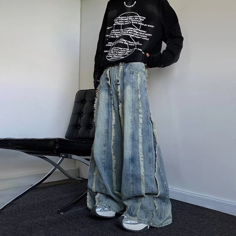 Mens Pants Heavy-Duty Frayed Edge Splicing Washed Worn Denim Jeans Autumn Hawaiian Vintage Baggy Wide Leg Pants Unisex 250612