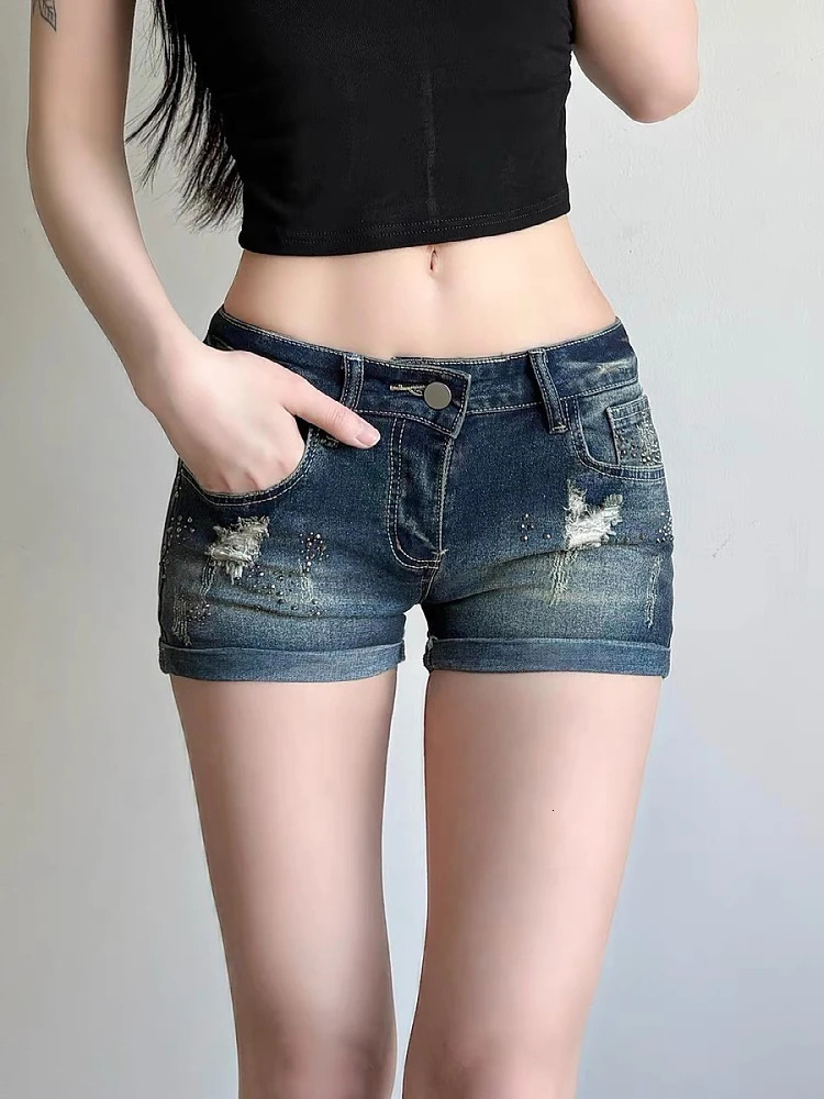 Womens Blue Gothic Denim Shorts Vintage Aesthetic Korean Low Waist Jean Shorts Harajuku Y2k Cowboy Short Pants Clothes Summer 250613