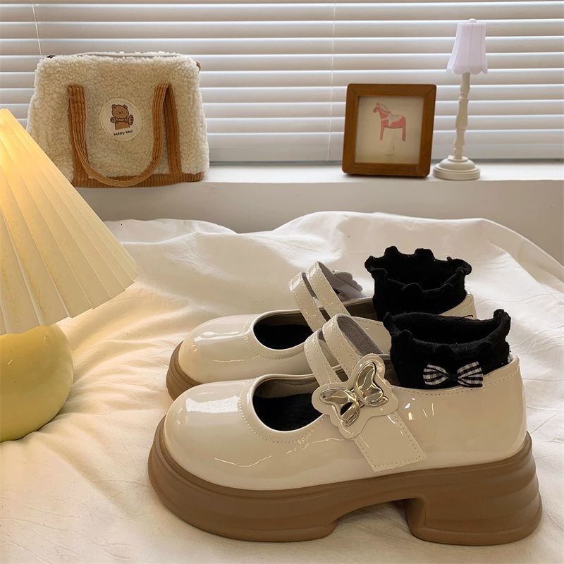 Ddmysports White Pearl Small Leather For Women Summer Shallow Mouth Versatile College Style Thick Sole Round Toe JK Mary Jane Shoes Outdoor Shoes