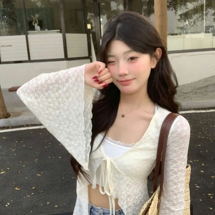 Summer Lace Oversized Cardigan Y2k EGirl Vneck Up Allmatch Shirts Mujer Midlength Long Sleeve Tops Women 250612