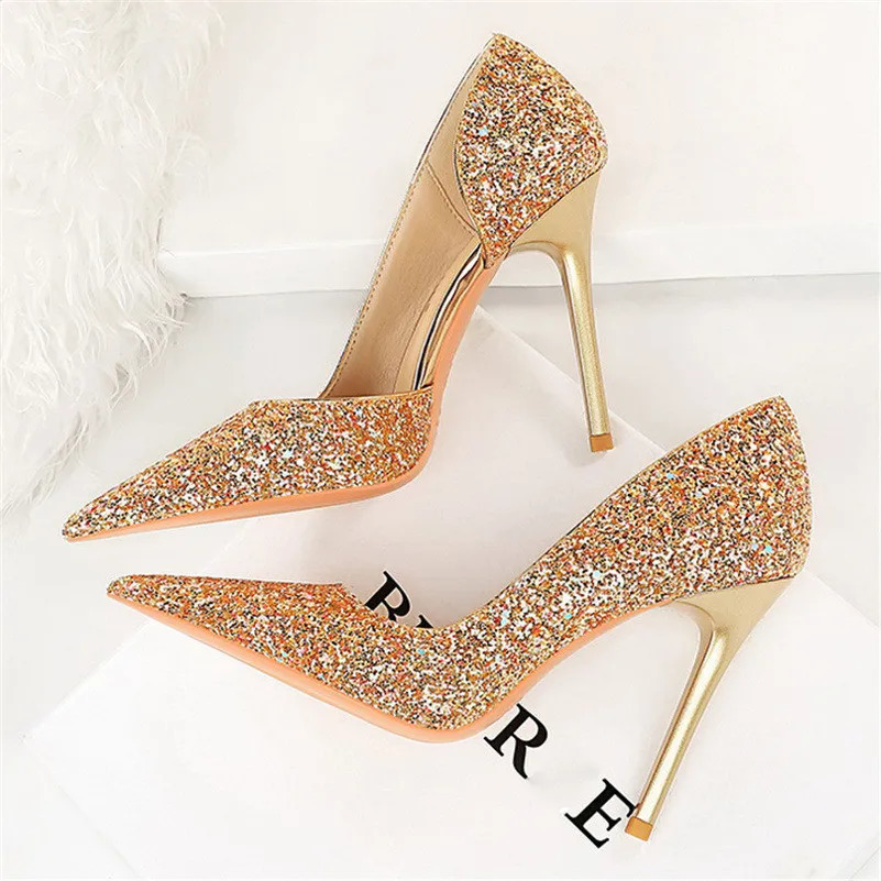 Women 7cm 10.5cm Super High Heels Blue Gold Pumps Sexy Sequins Bling Low Heels Lady Scarpins Stiletto Sparkly Party Shoes 250613