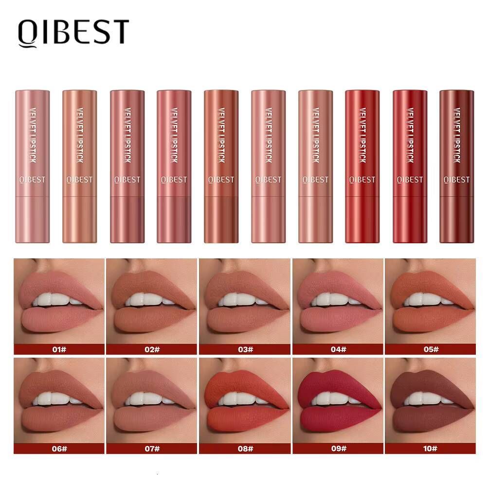 QIBEST 10 Colors Matte Velvet Lip Stain Long Lasting Tinted Balm Rotate Lipstick Nude Makeup Highly Pigmented happy