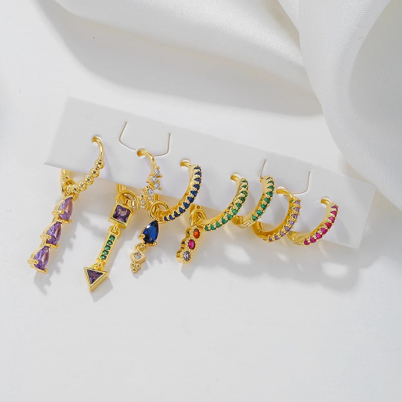 Exquisite Gold Color Rainbow Dangle Earrings for Women Colorful Zircon Piercing Hoop Earrings Set Fashion Jewelry Wholesale 250610