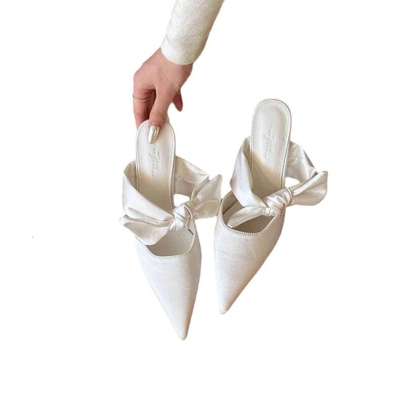 Ddmyoutdoor New Chinese Style Satin Pointed Bowknot Mules Stiletto Heels For Women Spring Elegant Fashion Closed Toe Half Slippers Outdoor Shoes