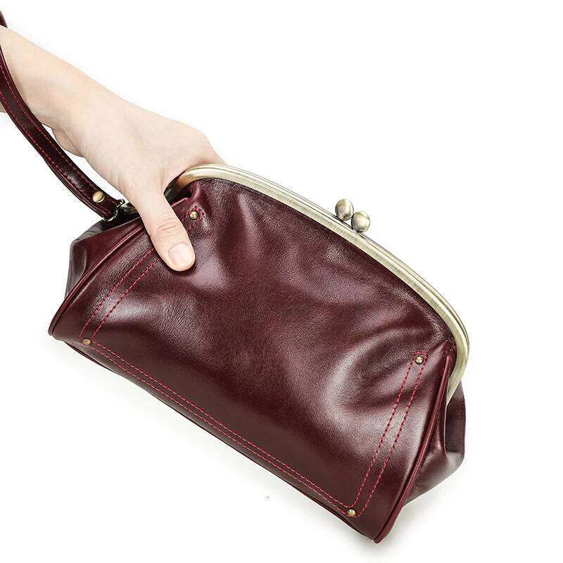 Genuine Leather Women Clutch Kiss Lock Design Female Purse Handbag Large Capacity Long Wallet Bag Phone Pocket