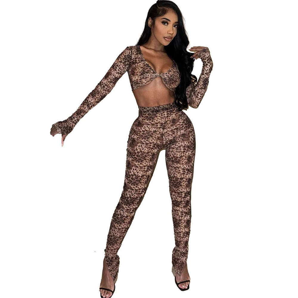 Autumn New Stretch Leopard Print Wild Sexy Slim Fit Short Long Sleeve Top And Pants Set B5