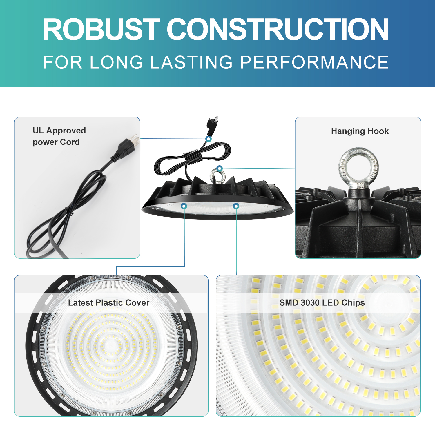 UFO LED High Bay Light 200W, 300W 500W HighBay LED Lights, 4' Cable with Plug, Hanging Hook, LED Shop Light for Factory Barn Warehouse, 8 Pack