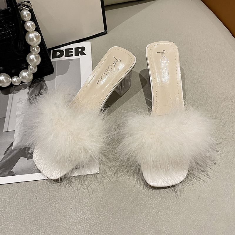 Ddmyoutdoor Ddmyoutdoor Fairy Style Furry Slippers For Women Summer Outdoor New Trendy Chunky One Strap Crystal High Heel Sandals Shoes Outdoor Shoes