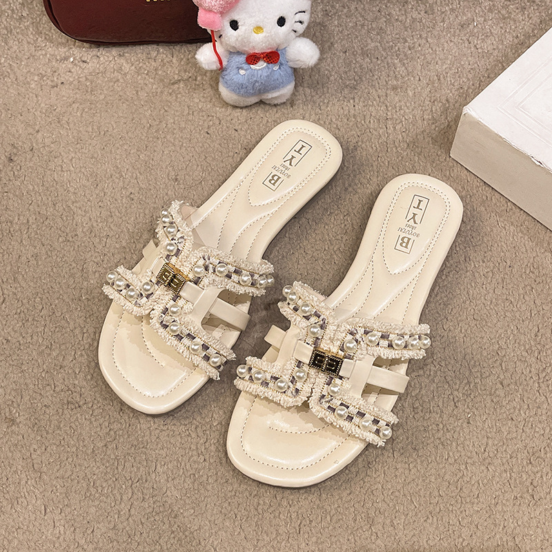Ddmyoutdoor Summer New Style Small Fragrance Flat Slippers For Women Outdoor Spring Soft Sole Fairy Versatile Pearl Beach Sandals Outdoor Shoes