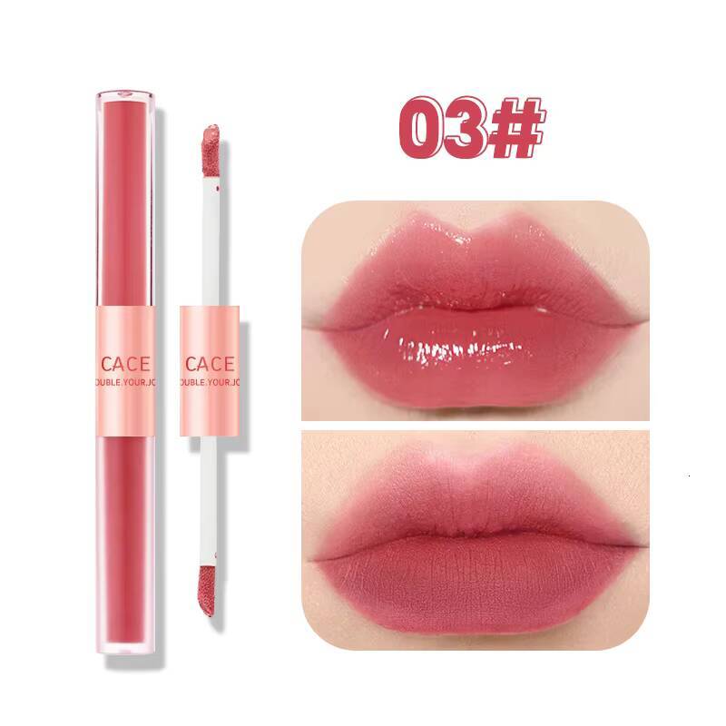 Double Head Sexy Red Makeup Mud Mirror Water Gloss Lip Glaze Matte Lipstick Waterproof Korean Cosmetic happy