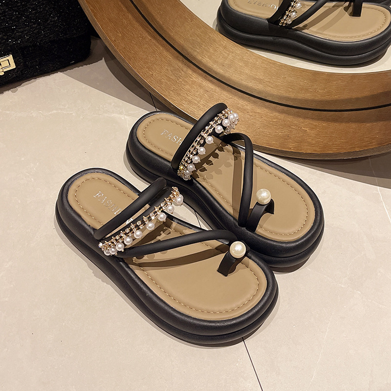 Ddmyoutdoor Platform Chain Pearl Slippers For Women Summer New Style Open Toe Beach Sandals Casual Dress Shoes Slip On Outdoor Shoes