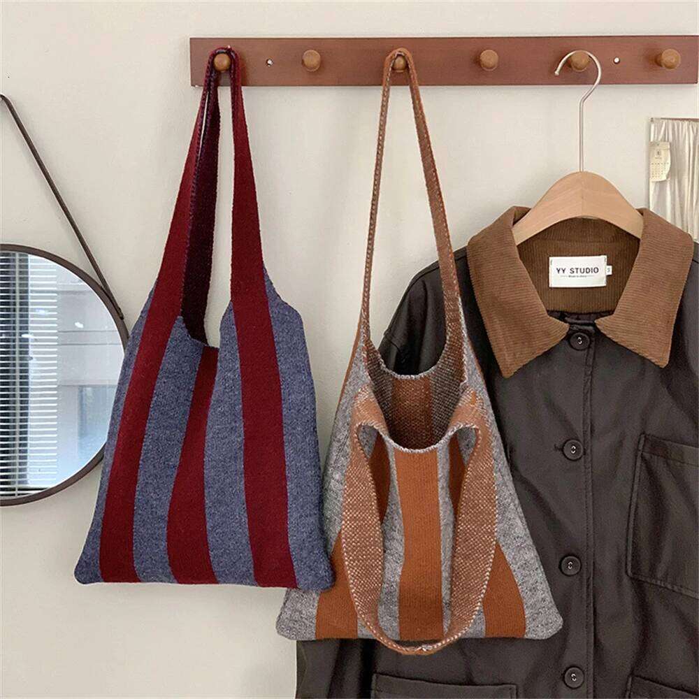 Women's Winter Knitted Shoulder Girls Senior Sense Shopping Bags Students Large Capacity Striped Colour Blocking Tote Bag