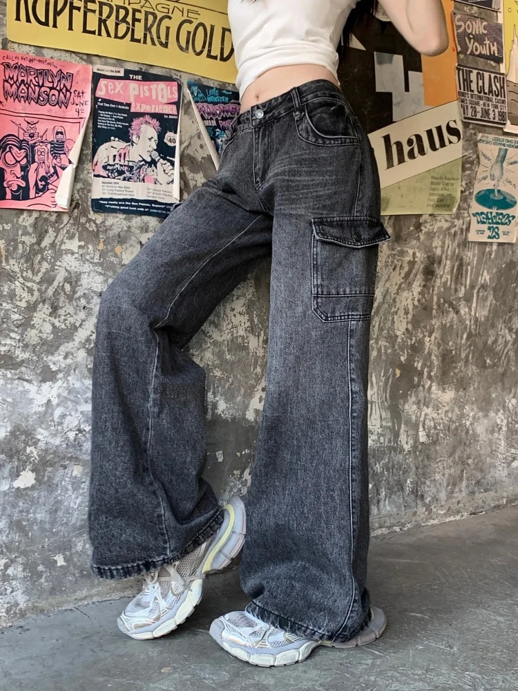 Cyber Y2K Streetwear Vintage Black Grey Baggy Flared Cargo Jeans Pants For Women Clothing Kpop Casual Lady Cotton Trousers 250612