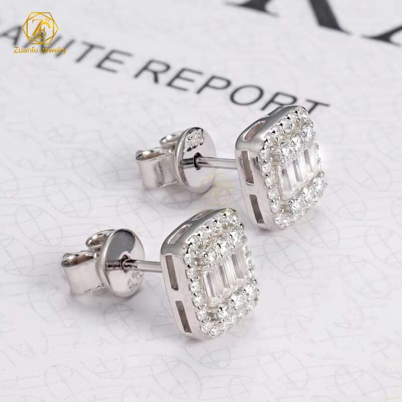 Online Store Hot Sale Warehouse Price 925 Sterling Silver VVS Baguette Moissanite Diamond Hiphop Push Back Stud Earrings