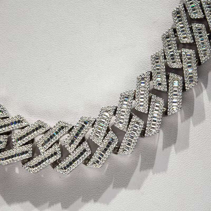 Hip Hop Men 20Mm Width Baguette Three-Row Moissanite Miami Full Iced Out Cuban Link Chain Necklace