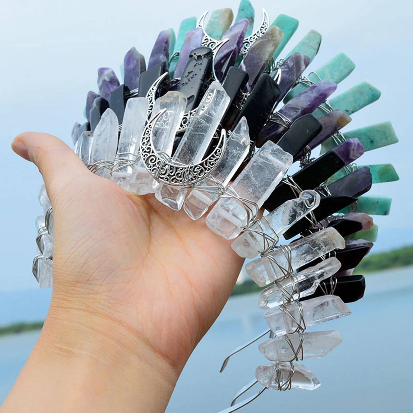 Raw Quartz Headband Moon Crystal Boho Tiara Goddess Crown Wedding Bride Headpiece for Women and Girls