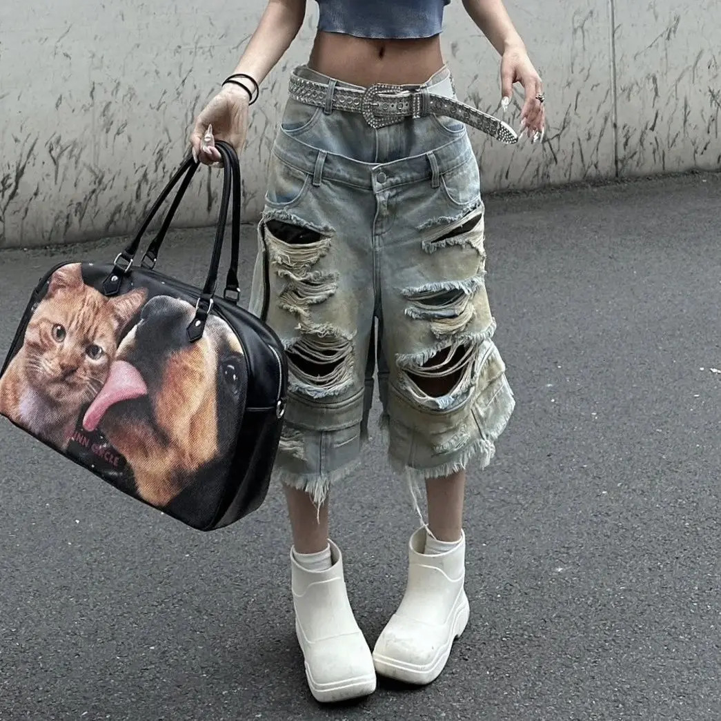 American Double Belt Washing Hole Old Cloth n Workwear Denim Cropped Pants Women Street Straight Loose Wideleg 250612