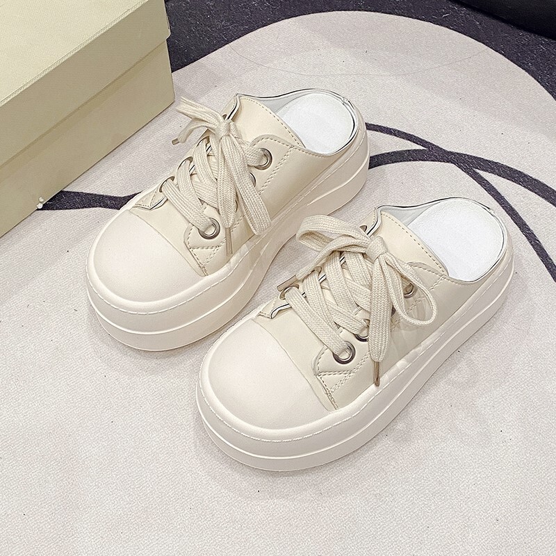 Ddmysports Platform Thick Soled Height Increasing White Shoes Closed Toe Half Slippers For Women New Spring And Autumn Slip On Office Casual Sneakers 