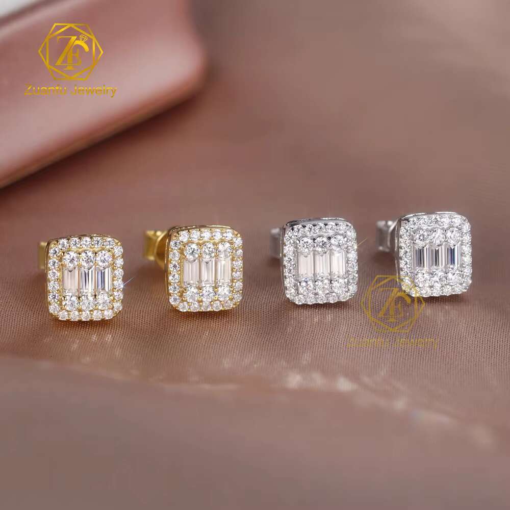 Wholesale Jewelry Hip Hop Iced Out Classic 925 Silver Baguette Moissanite Stud Earrings for Men Women