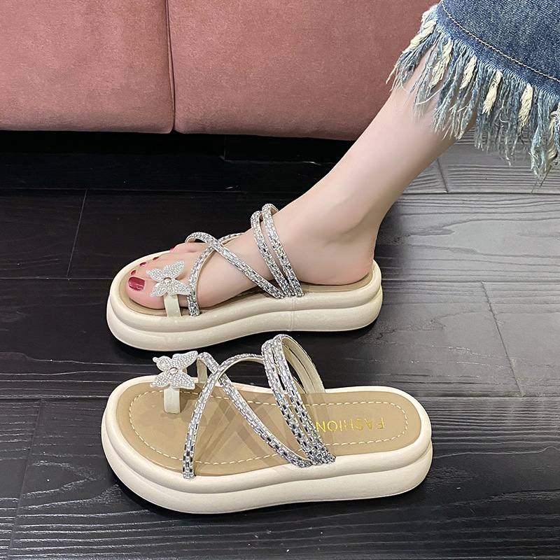 Ddmyoutdoor Thick Soled Women S Summer Outdoor Slippers New Style With Shiny Rhinestones Cross Straps Butterfly Toe Ring Roman Sandals Outdoor Shoes