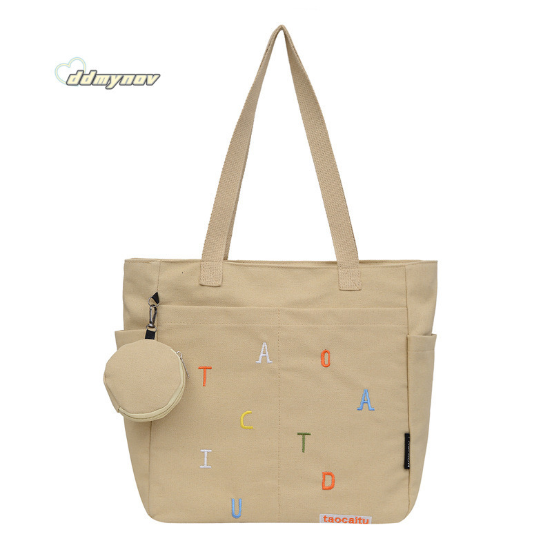 Design Embroidered Letter Versatile Commuter Canvas Tote Bag Casual Literary Student Shoulder Handbag ddmynov