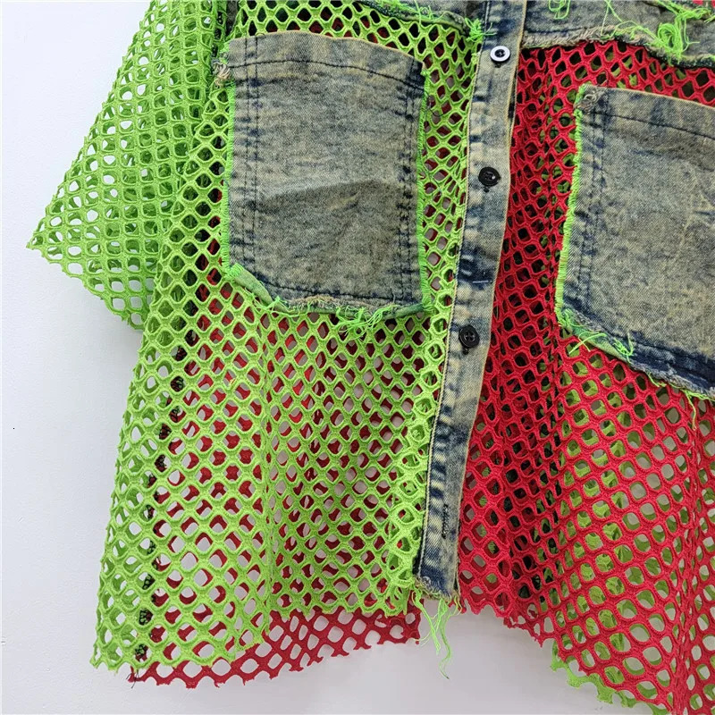 YEAE personalized fashion trend spring and summer contrasting colors mesh spell denim shortsleeved cardigan jacket women 250611
