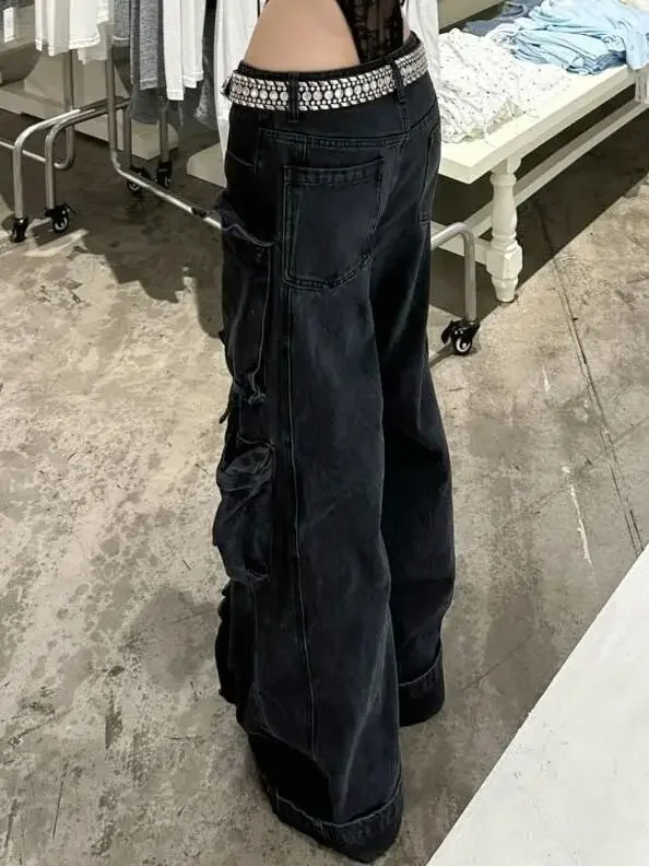Casual jeans American washed multipocket work Y2K retro womens street black straightleg loose wideleg pants 250612