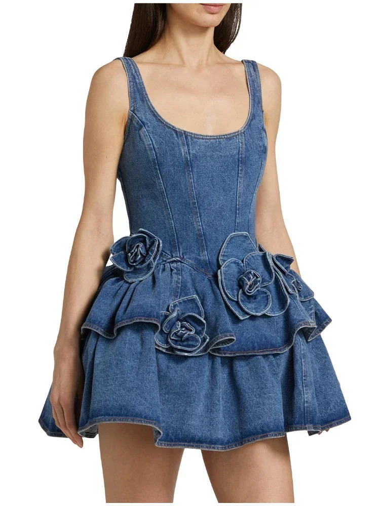 2025 Summer Chic 3d Floral Denim Mini Dress Vintage A Line Halter High Street Jean Vesidos Lady Party Fashion Clothing 250609