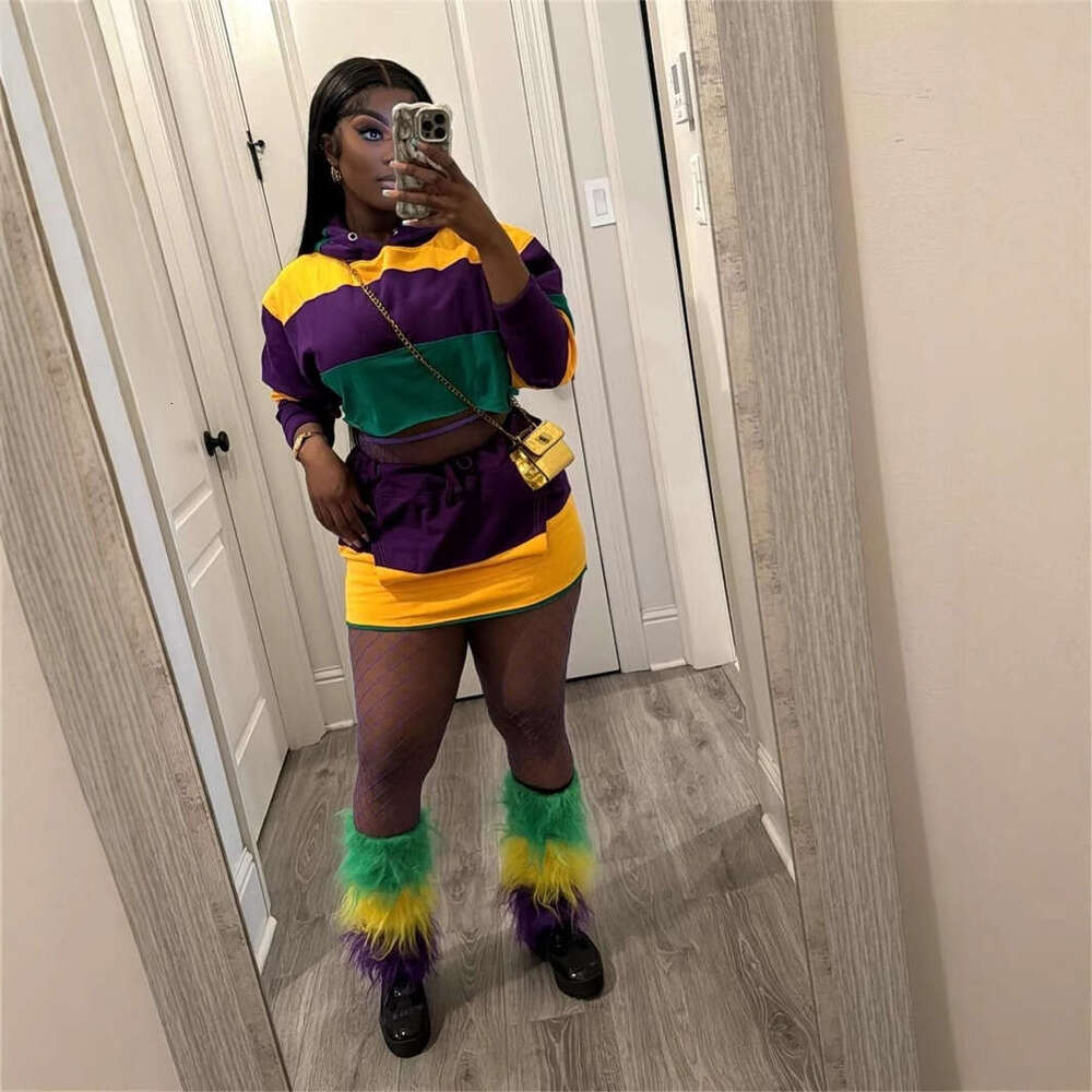 New Orleans Festival Color-Block Trendy Striped Loose Short Top With Tie Waist Bodycon Skirt Set B5