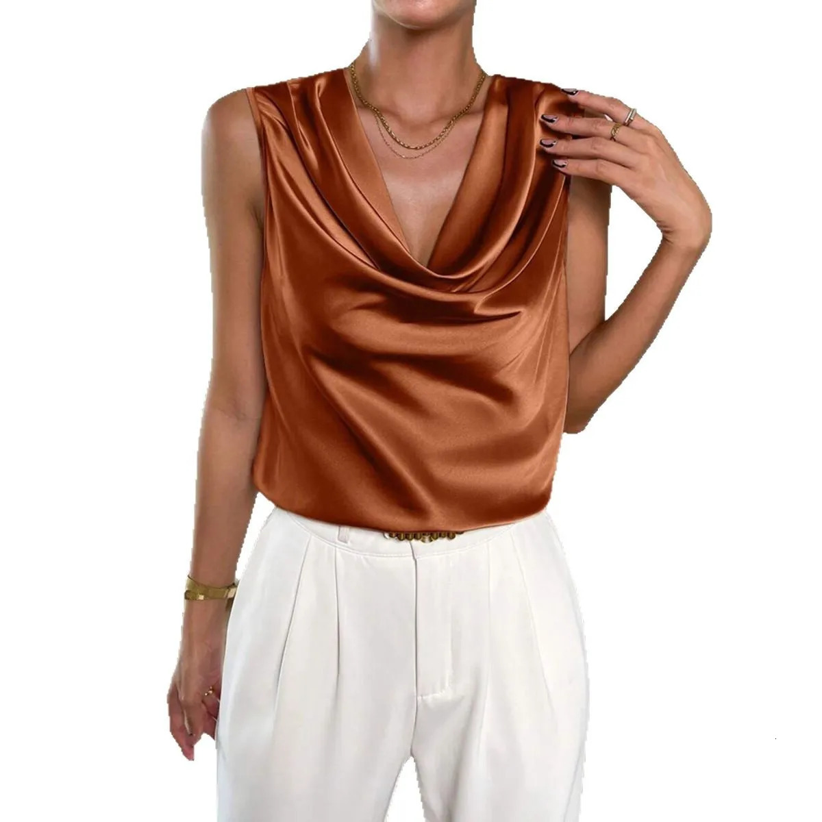 Womens Satin Sleeveless Top VDraped Neckline ShirtStyle Blouse with Cascading Ruffles Elegant silk tank top sleeveless 250611