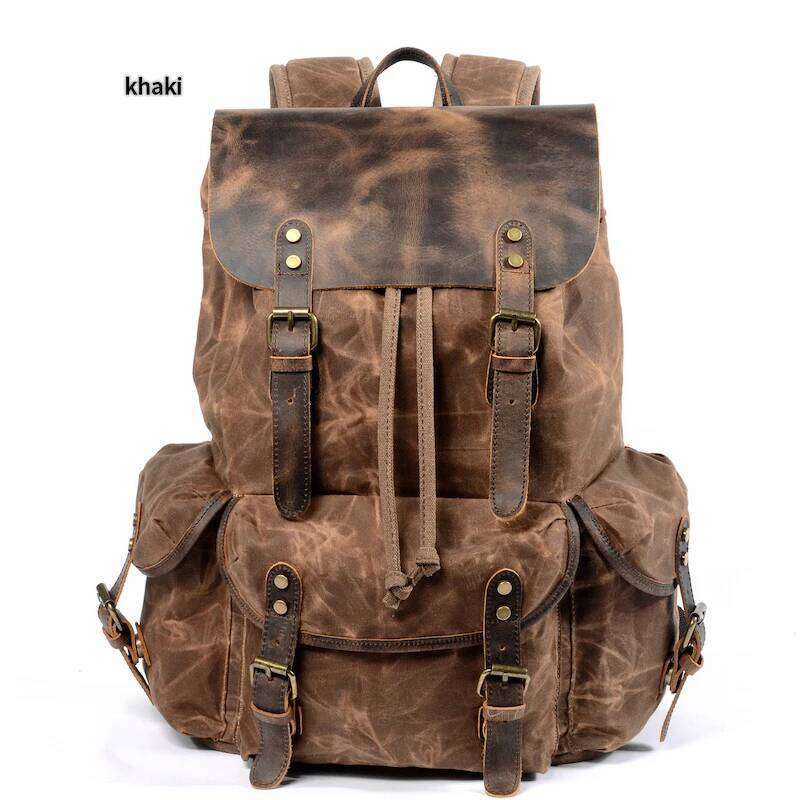 Vintage Crazy Horse Leather And Wax Canvas Backpack Waterproof Large Capacity Bag Outdoor Camping Travel Mochila
