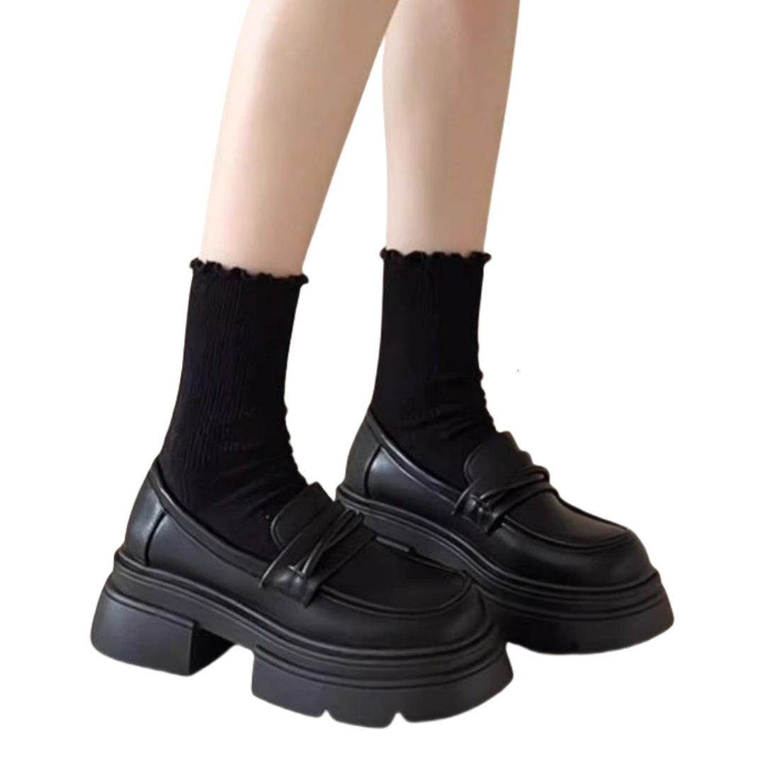 Ddmysports New Thick Soled Loafers For Women Autumn And Winter British Style Black Leather Shoes Outdoor Shoes