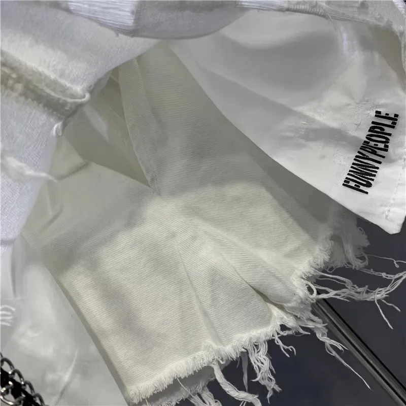 Korean White Raw Irregular Denim Skirt Womens AntiWalk Naked Hole Pocket Exposed Short Skirt 250612