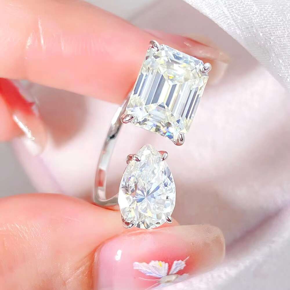 FOXI Waterdrop Moissanite Ring Inspired Wedding Open Adjust Rings Emerald and Pear Cut Moissanite Diamond Sterling Silver Ring