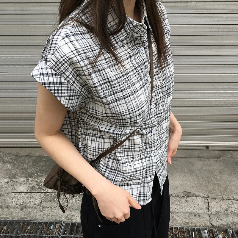 Rockmoer Korean Style Striped Plaid Slim Blouses Y2K Aesthetic Vintage Buttons Up Shirts Women Summer Casual Short Sleeve Tops 250614