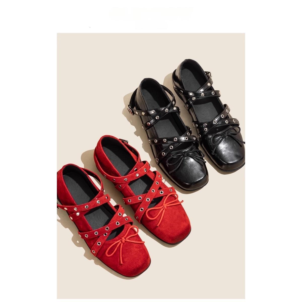 Ddmysheep Ddmysheep Red Cross Strap Bowknot Small Single Shoes For Women Spring New Shallow Mouth Rivet Ballet Flats