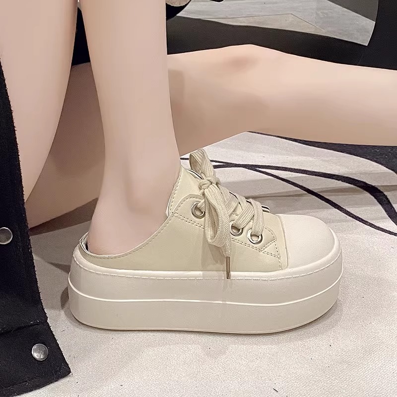 Ddmysports Platform Thick Soled Height Increasing White Shoes Closed Toe Half Slippers For Women New Spring And Autumn Slip On Office Casual Sneakers 