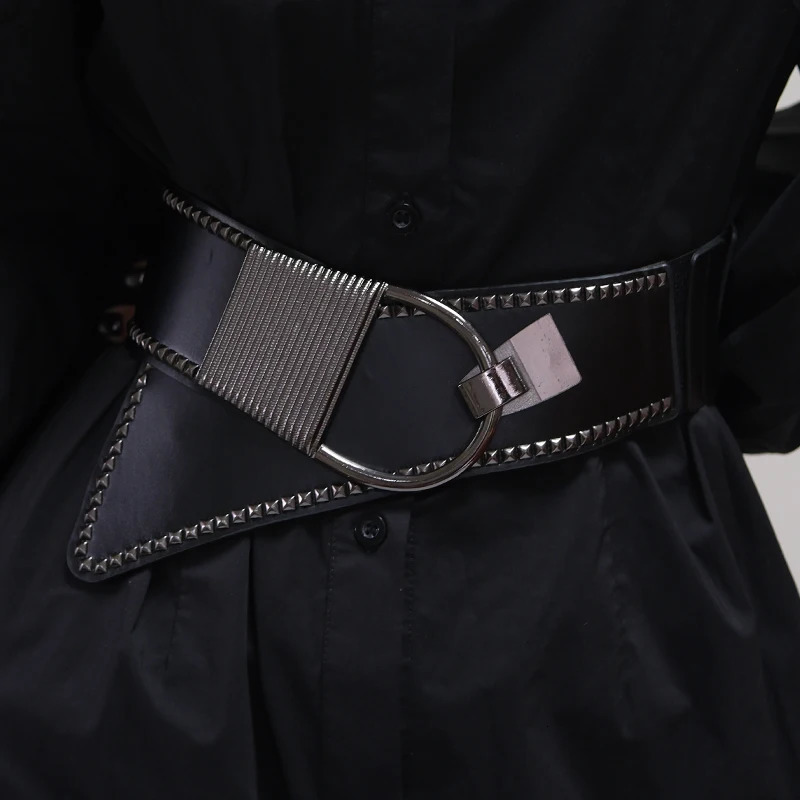 Ladies diagonal wide waistband black fashion rivet punk style versatile wide belt with dress decoration belt 250610
