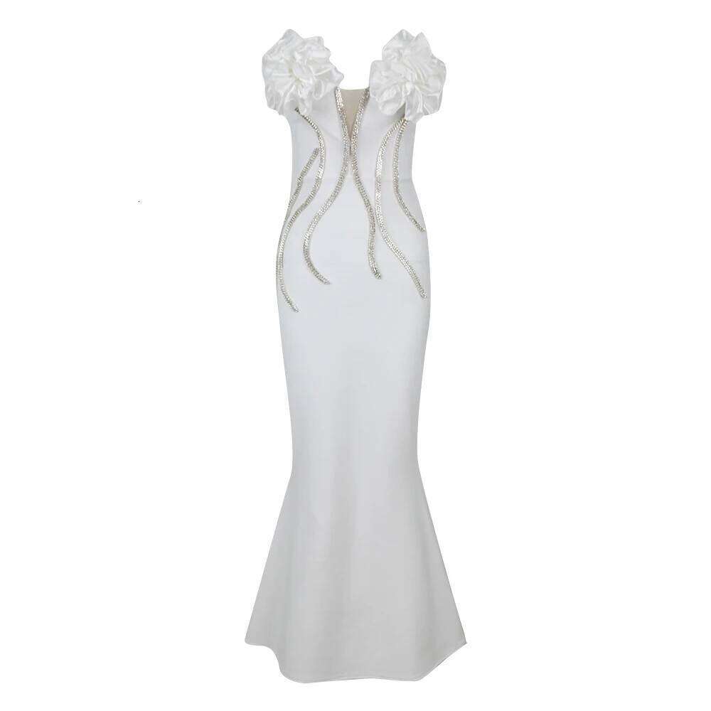 White Strapless Flower Appliques Dia Bodycon Bandage Mermaid Sexy Maxi Celebrity Evening Runway Party Club Dress