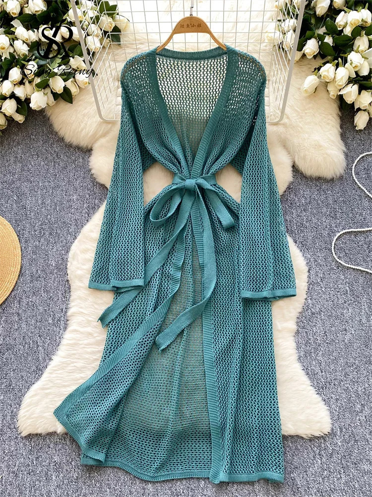 SINGREINY Women Fashion Beach Long Cardigans Summer Sleeves Solid Sashes Streetwear Ins Hollow Out Casual Outerwear 250612